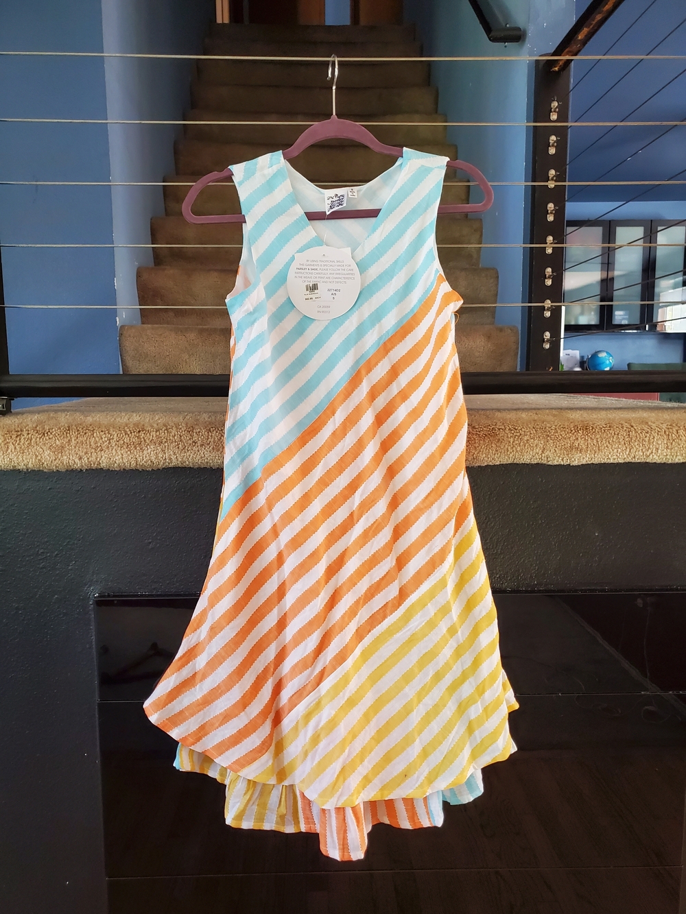 Parsley & Sage Sleeveless Pastel Stripe Midi Dress in Aqua, Orange & Yellow